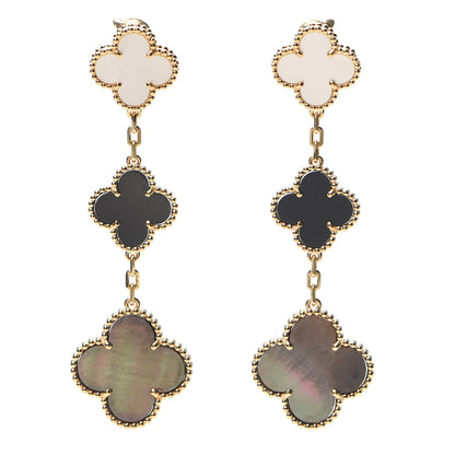 Van Cleef & Arpels 18K Yellow Gold Mother of Pearl Black Onyx 3 Motifs Magic Alhambra Earrings 1 of 7