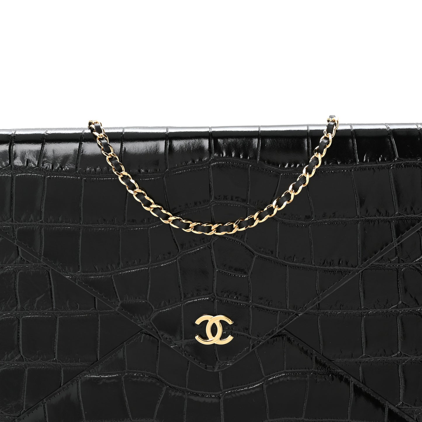 Calfskin Crocodile Embossed Croc Illusion Clutch With Chain Black