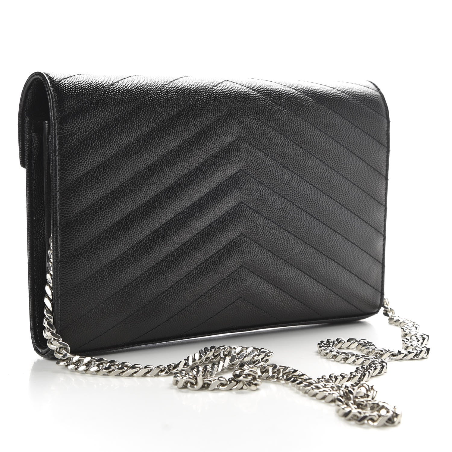 Saint Laurent Grain De Poudre Matelasse Chevron Monogram Chain Wallet Black 2 of 9