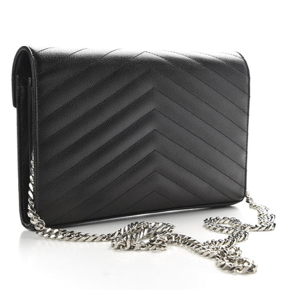 Saint Laurent Grain De Poudre Matelasse Chevron Monogram Chain Wallet Black 2 of 9