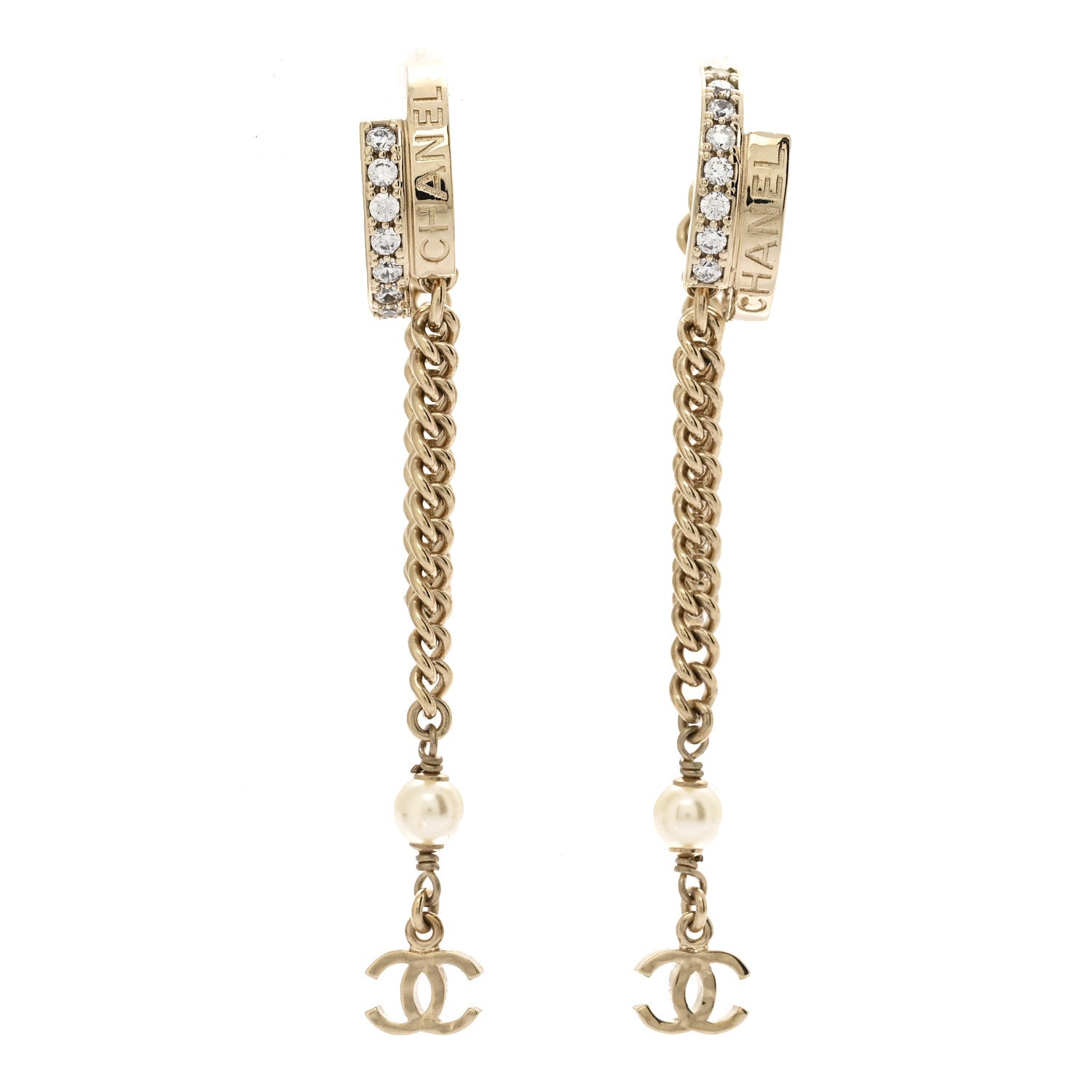 Chanel Metal Crystal Chain CC Hoop Earrings Gold 1 of 5