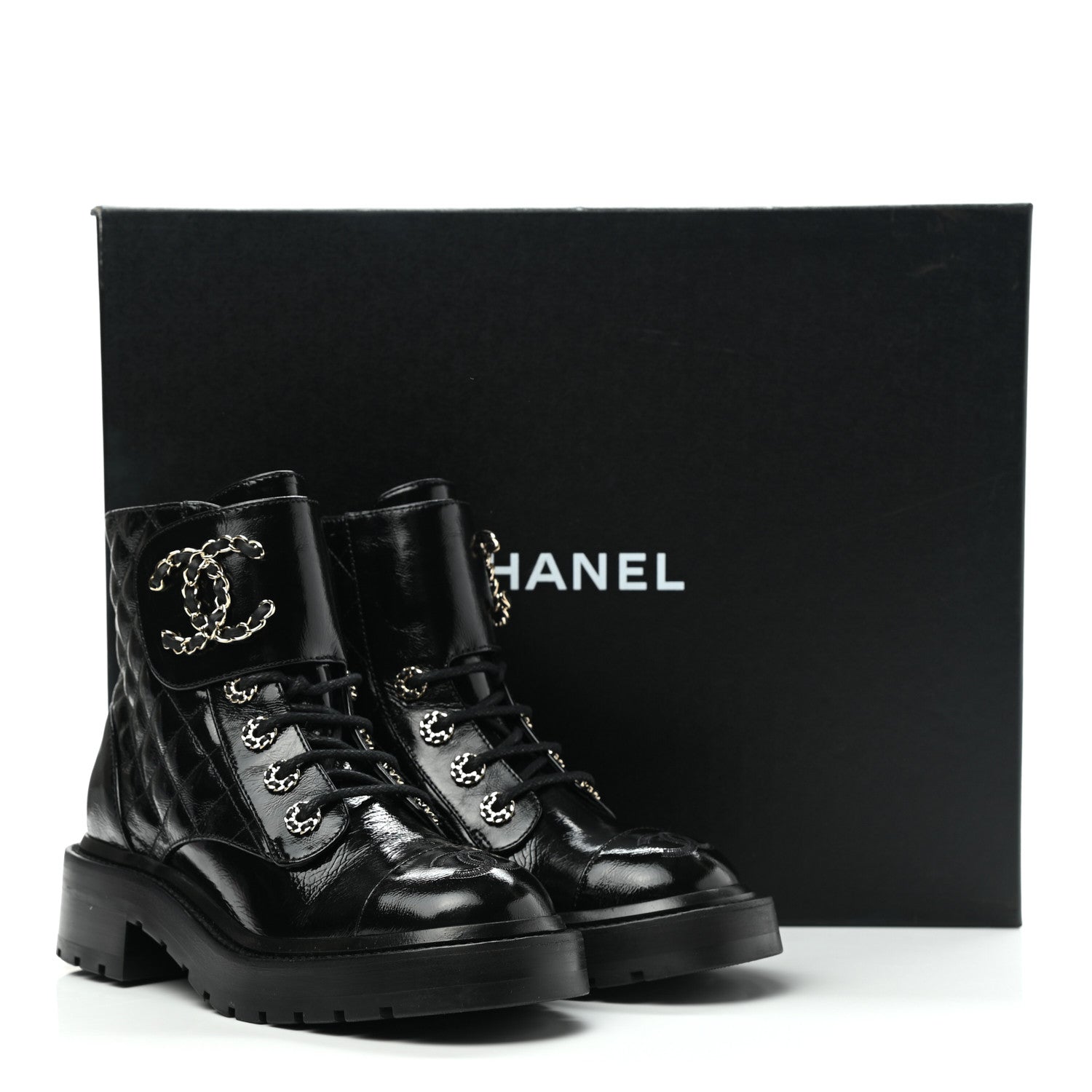 Chanel Shiny Calfskin Quilted Lace Up Combat Boots 35 Black 9 of 9