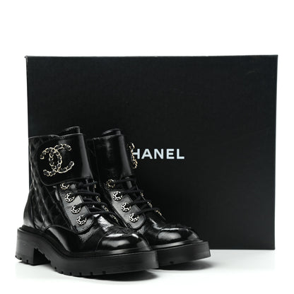 Chanel Shiny Calfskin Quilted Lace Up Combat Boots 35 Black 9 of 9