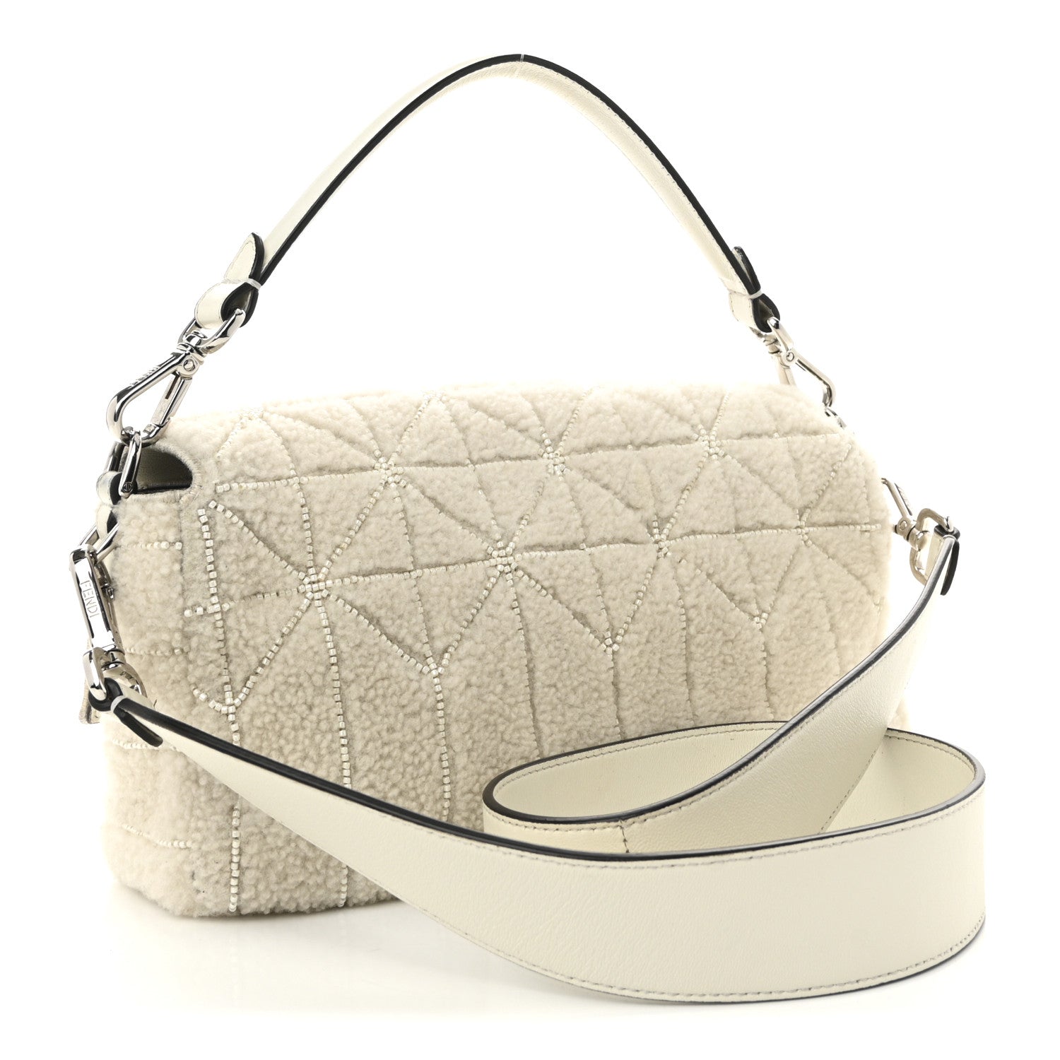 Fendi Sheepskin Crystal Beaded Baguette White 3 of 9