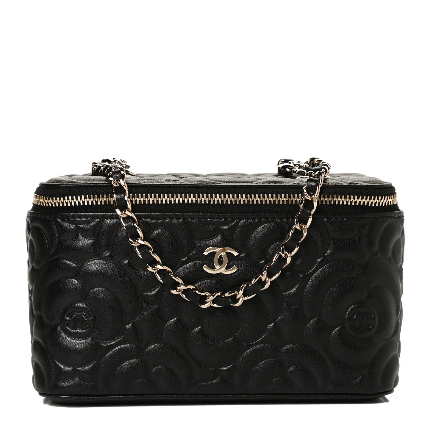 Lambskin Camellia Embossed Small Vanity Case With Chain Black
