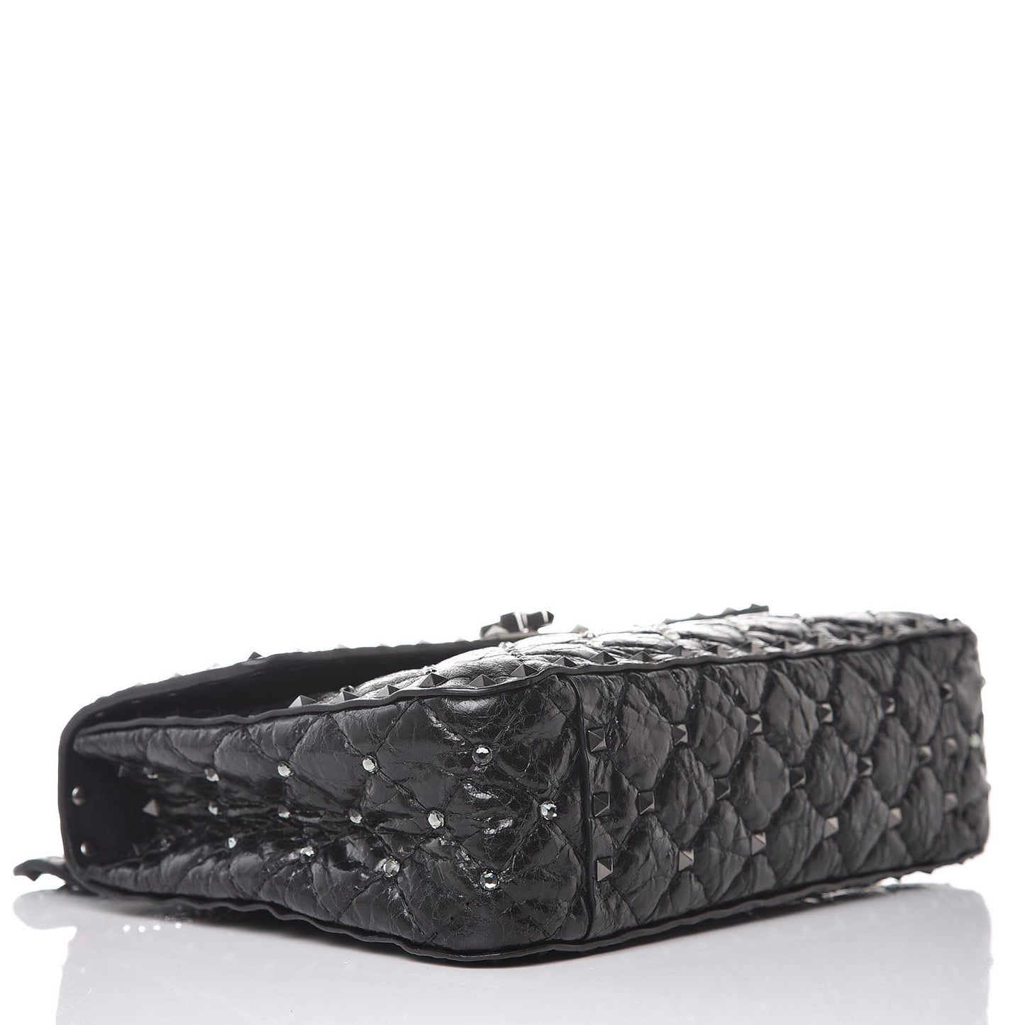 Craquele Nappa Crystal Embellished Medium Rockstud Spike Shoulder Bag Black