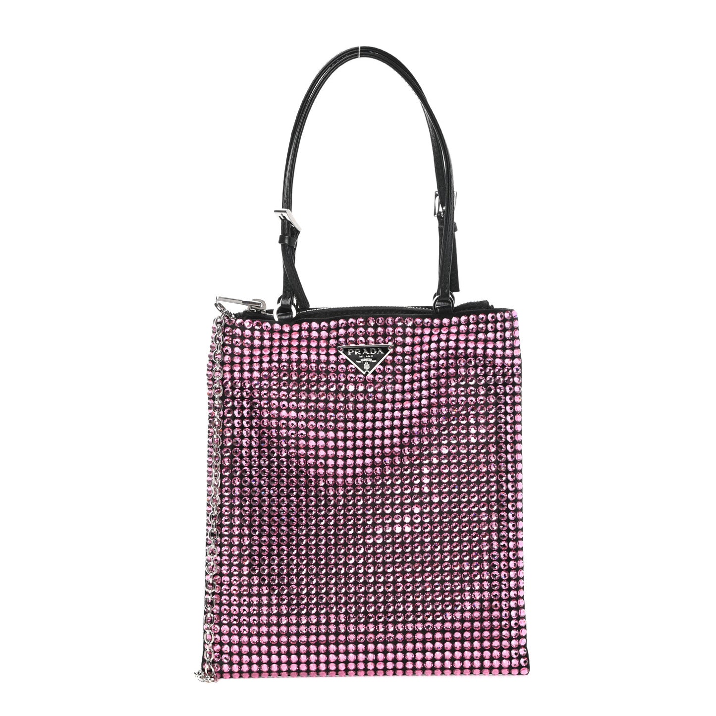 Satin Crystal Metal Triangle Logo Chain Crossbody Handbag Rosa
