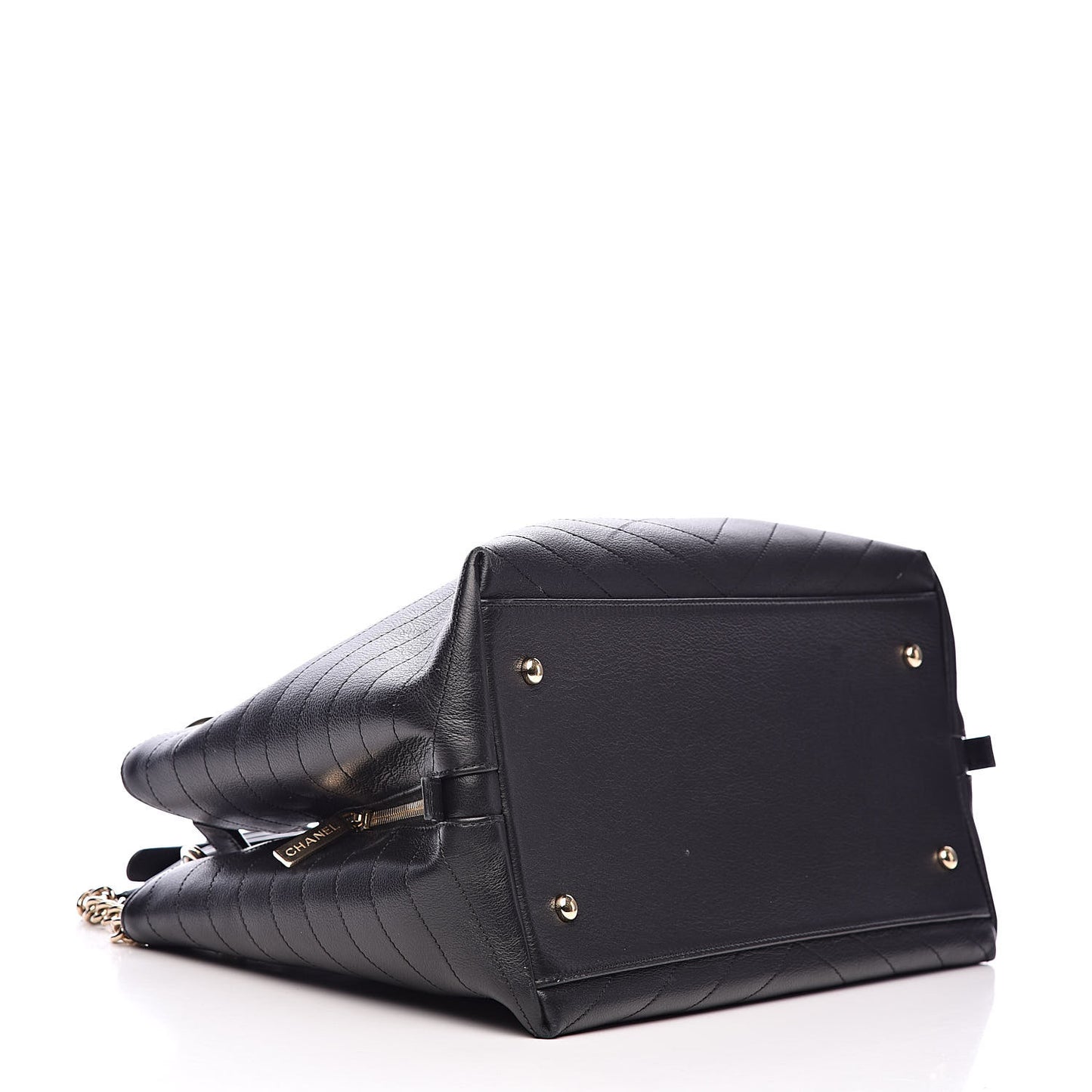Calfskin Stitched Large Chevron Chic Shopping Bag Black
