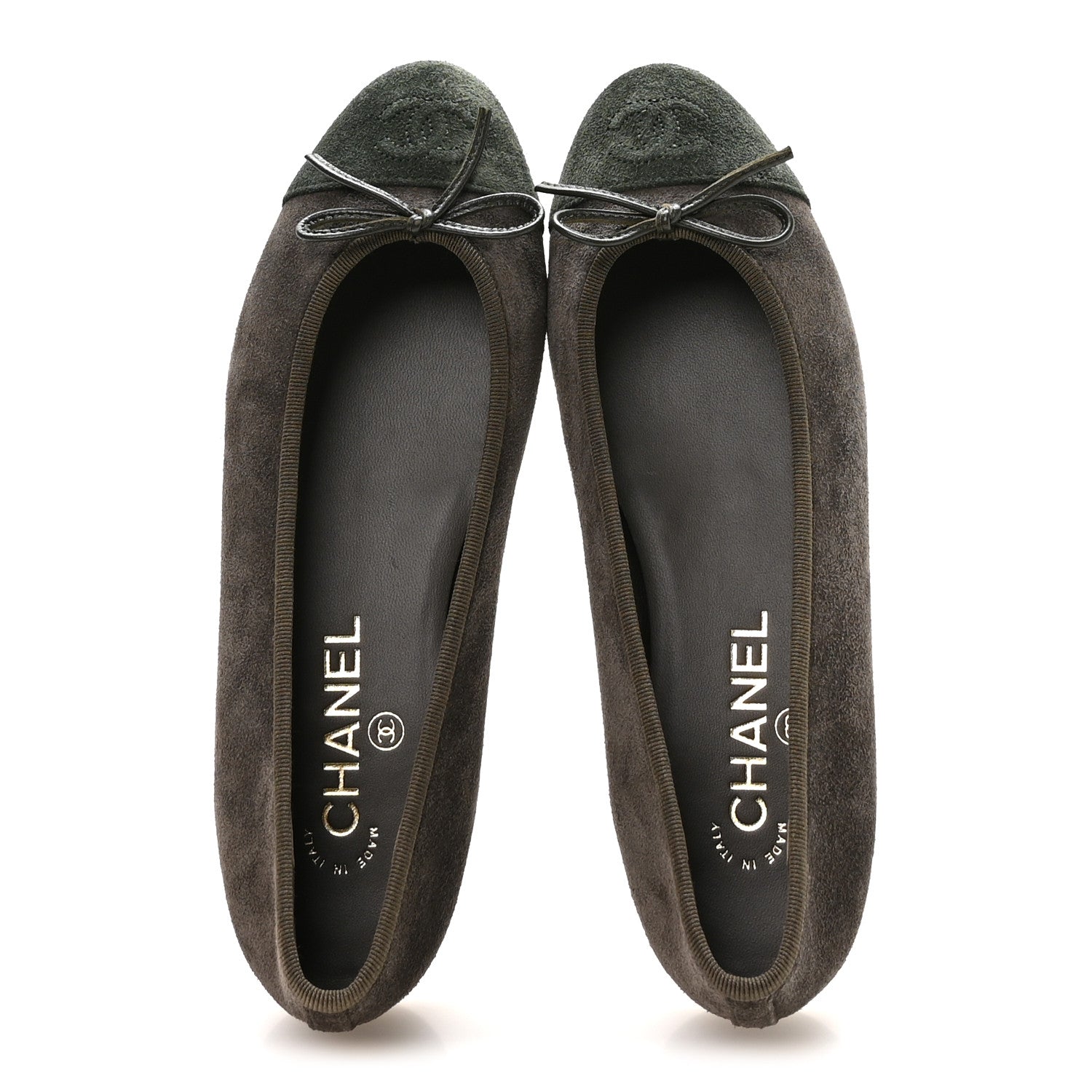 Chanel Suede Calfskin Cap Toe CC Ballerina Flats 37.5 Dark Khaki Dark Green 2 of 9