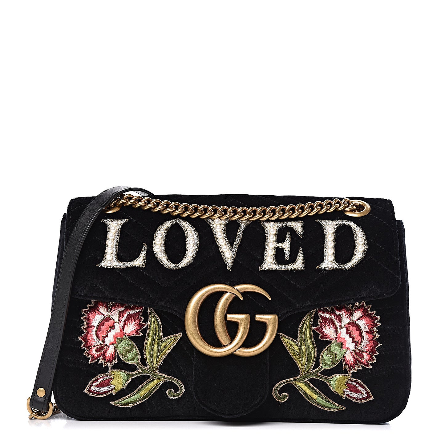 Velvet Matelasse Loved Embroidered Medium GG Marmont Shoulder Bag Black
