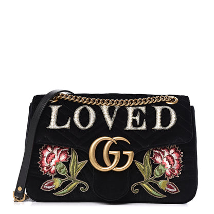 Gucci Velvet Matelasse Loved Embroidered Medium GG Marmont Shoulder Bag Black 1 of 11