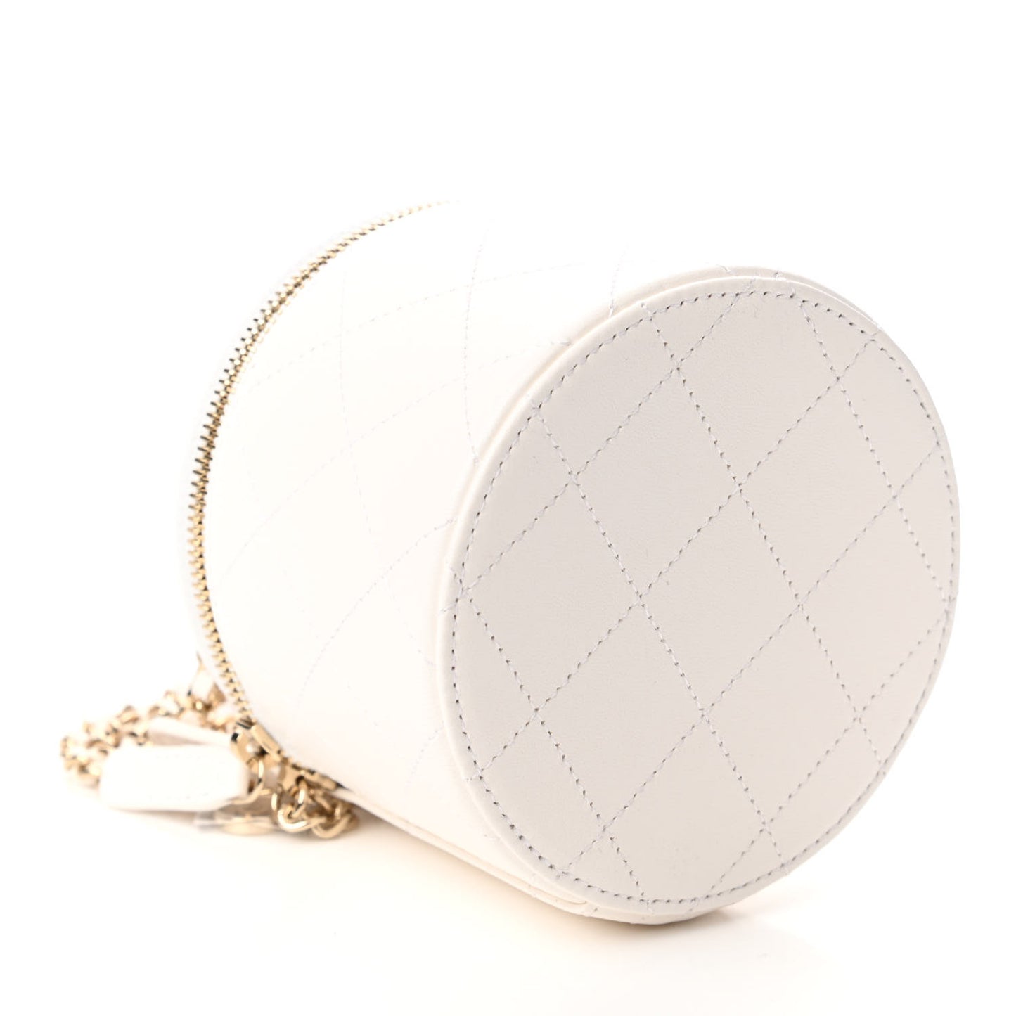 Lambskin Quilted Round Small Vanity Case With Chain White Black