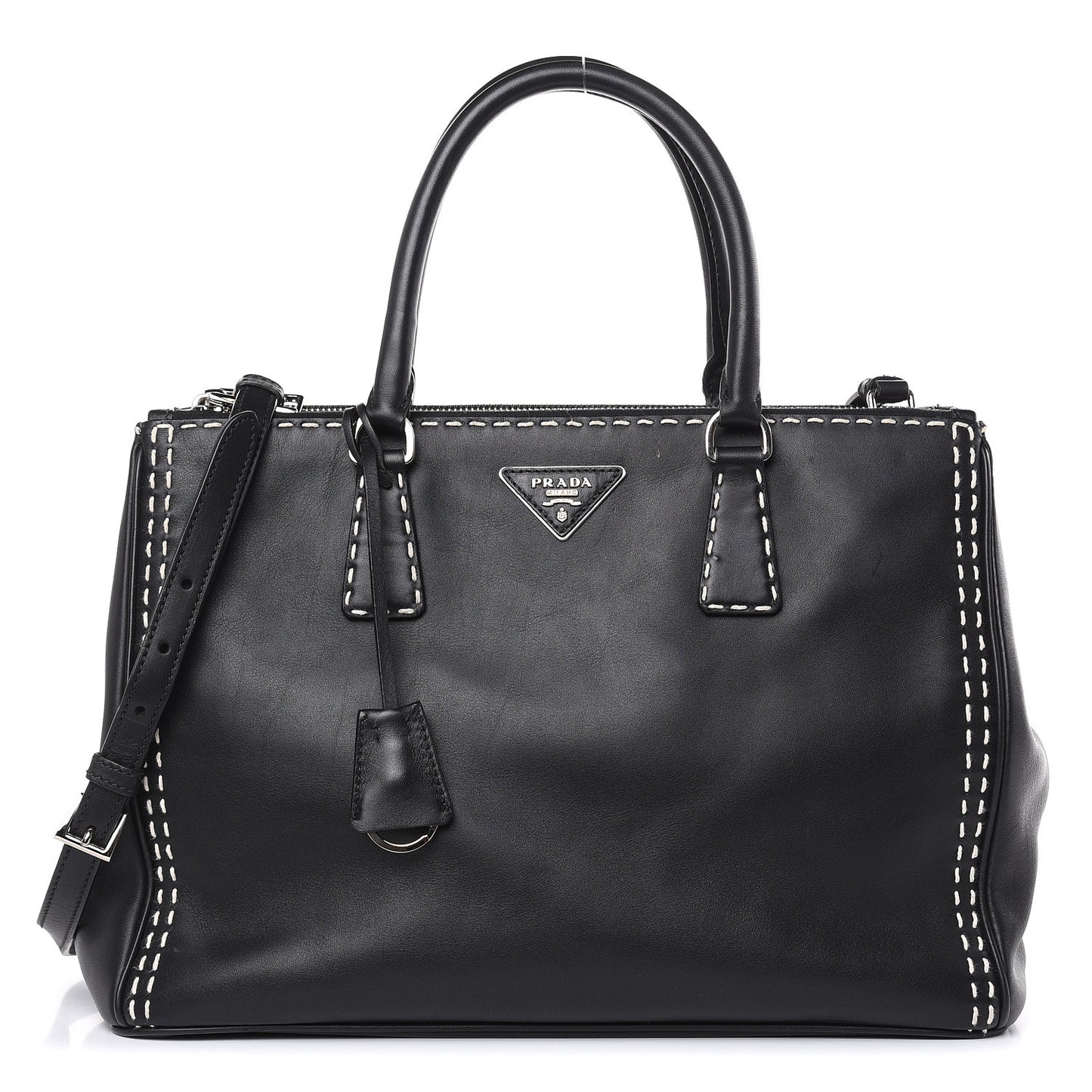 City Calf Hand Stitched Medium Galleria Double Zip Tote Black
