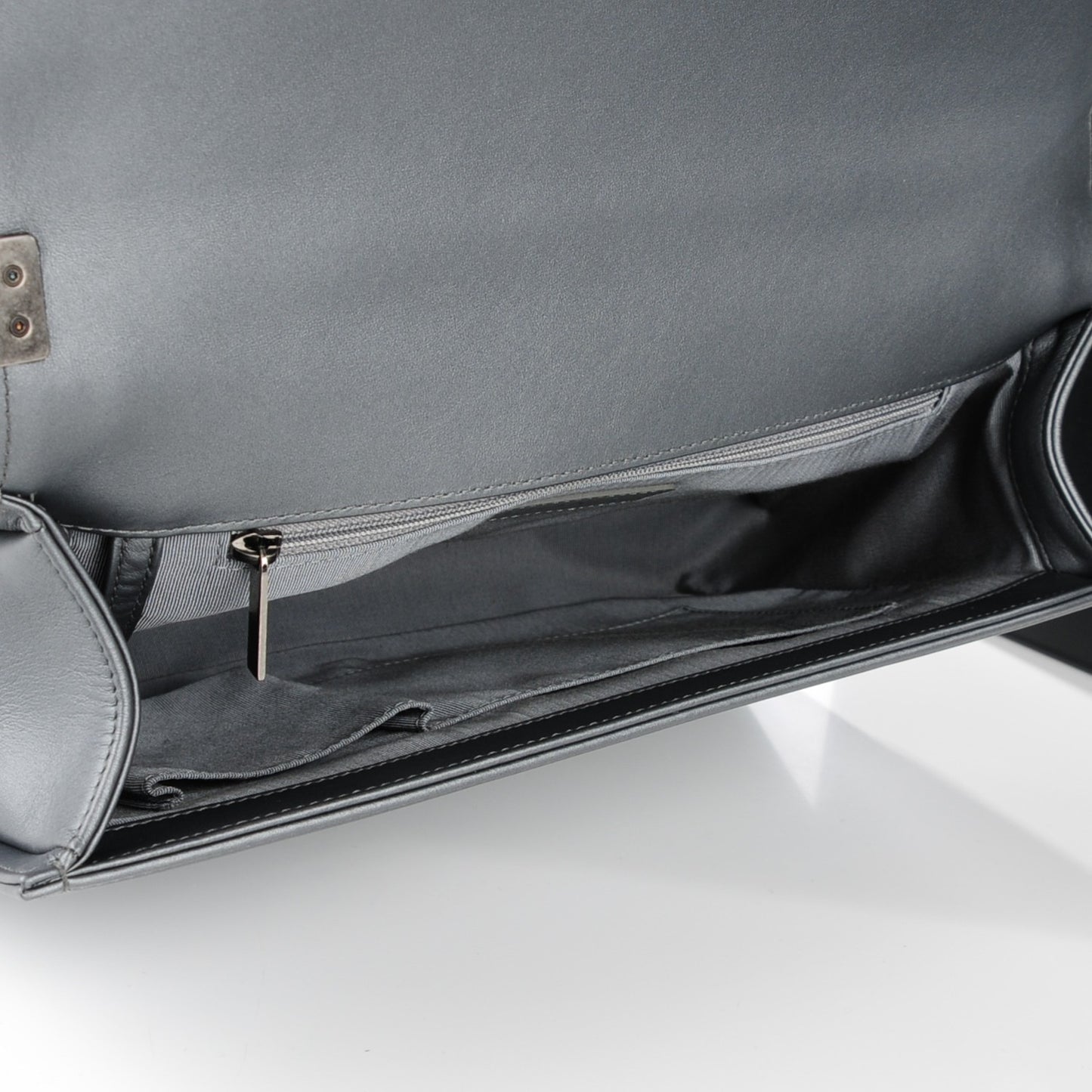 Metallic Calfskin Quilted Large Boy Flap Dark Silver