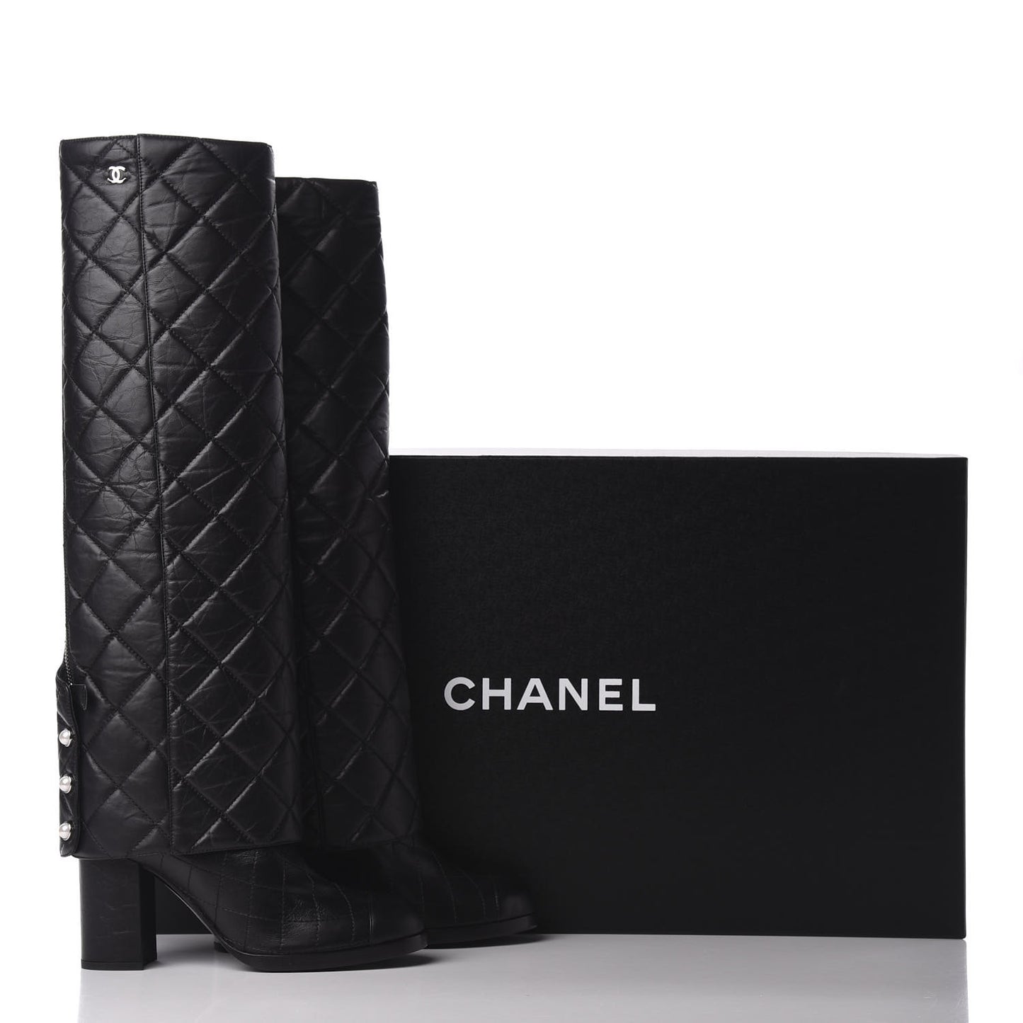 Aged Calfskin Quilted Pearl CC High Boots 37 Black