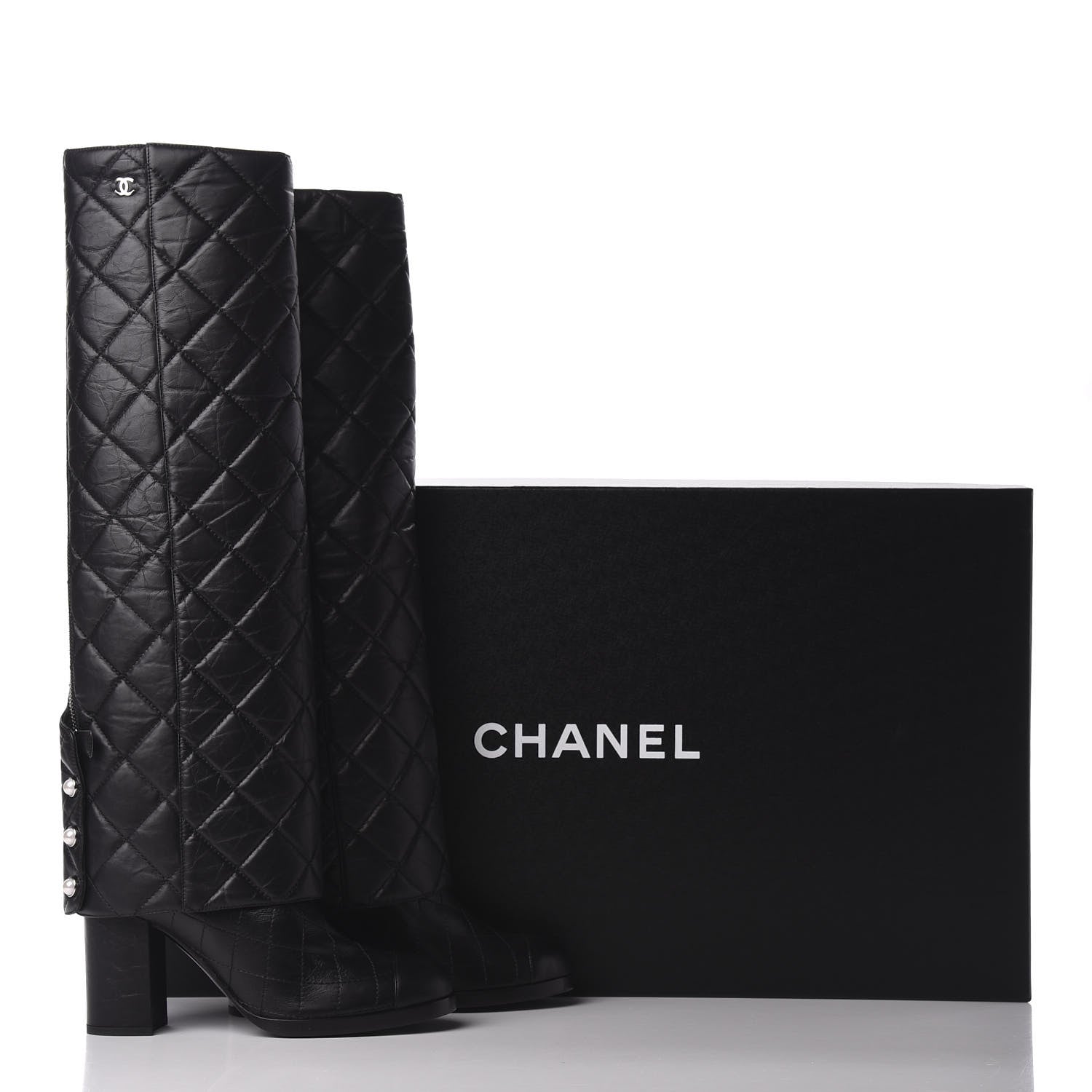 Chanel Aged Calfskin Quilted Pearl CC High Boots 37 Black 8 of 8