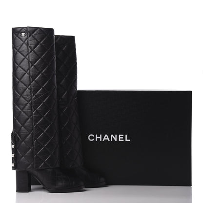 Chanel Aged Calfskin Quilted Pearl CC High Boots 37 Black 8 of 8