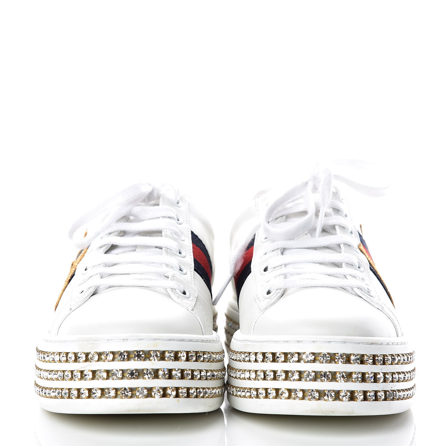 Gucci Calfskin Crystal Web LOVED Embroidered Womens Ace Platform Sneakers 37 White Red Flame Notte 2 of 12
