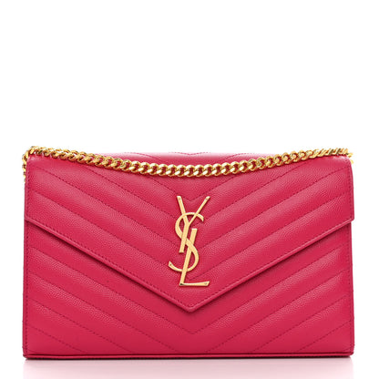 Saint Laurent Grain De Poudre Matelasse Chevron Monogram Chain Wallet Lipstick Fuchsia 1 of 10