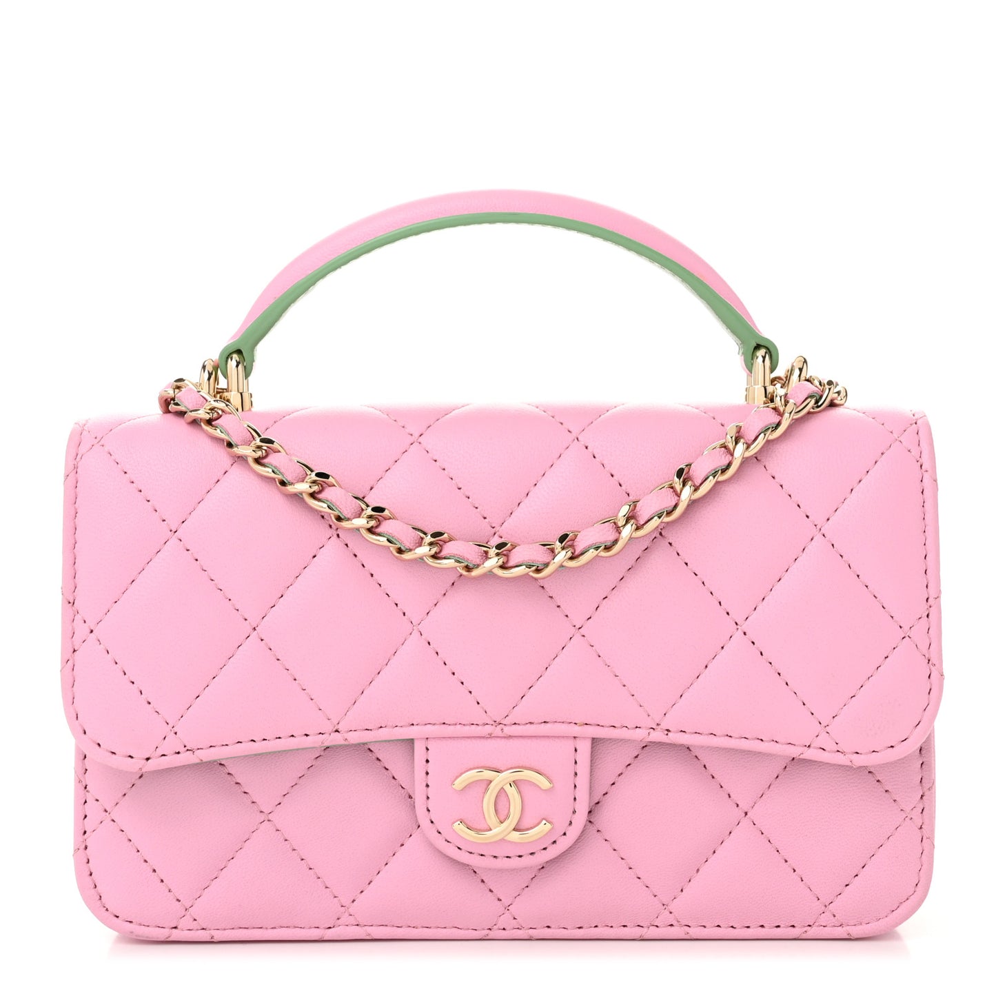 Lambskin Quilted Flap Phone Holder With Chain Lilac Light Green