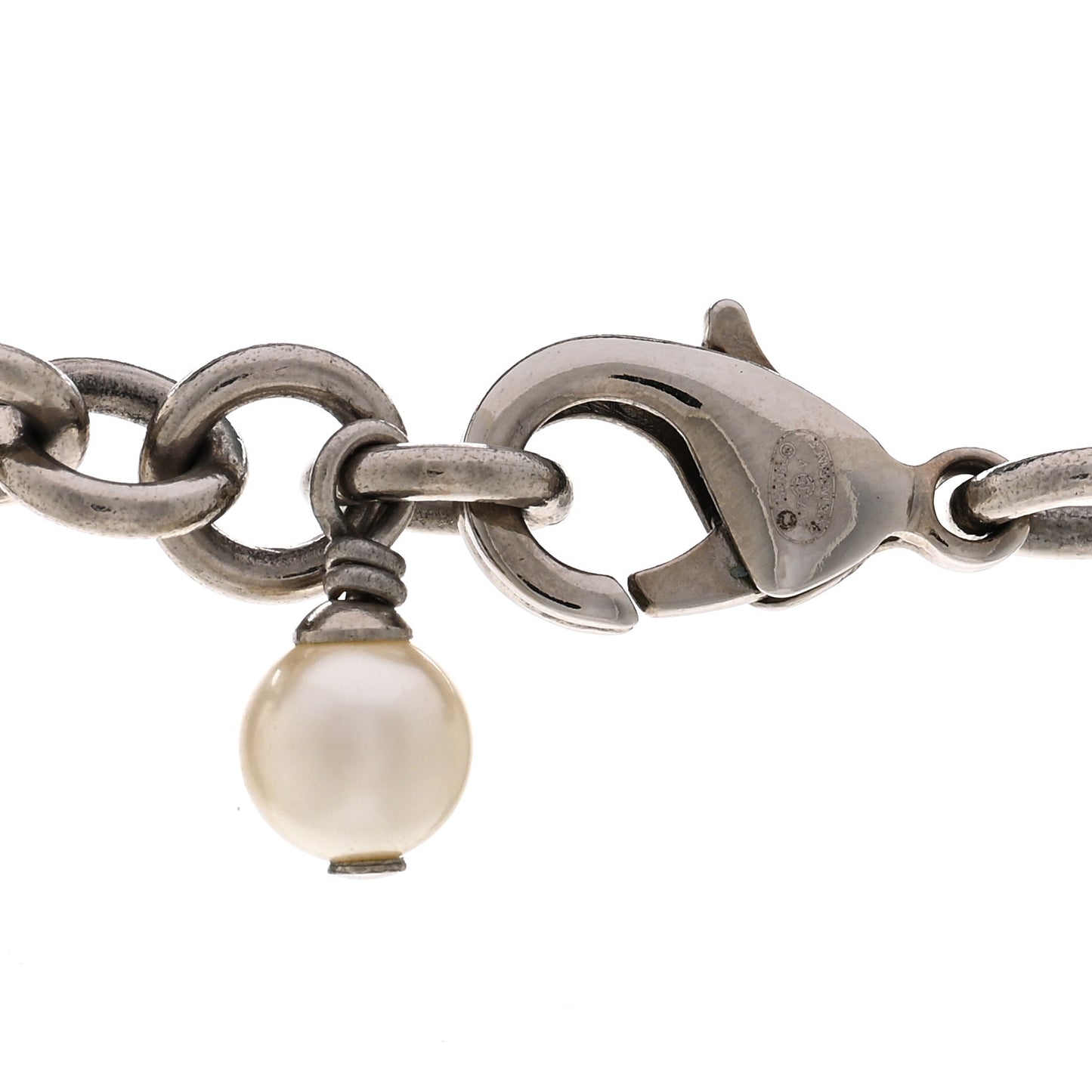 Graduated Pearl Crystal CC Long Necklace Silver