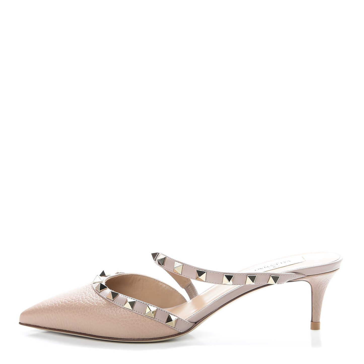 Pebbled Calfskin Rockstud Cross Strap 50mm Mules 37.5 Poudre