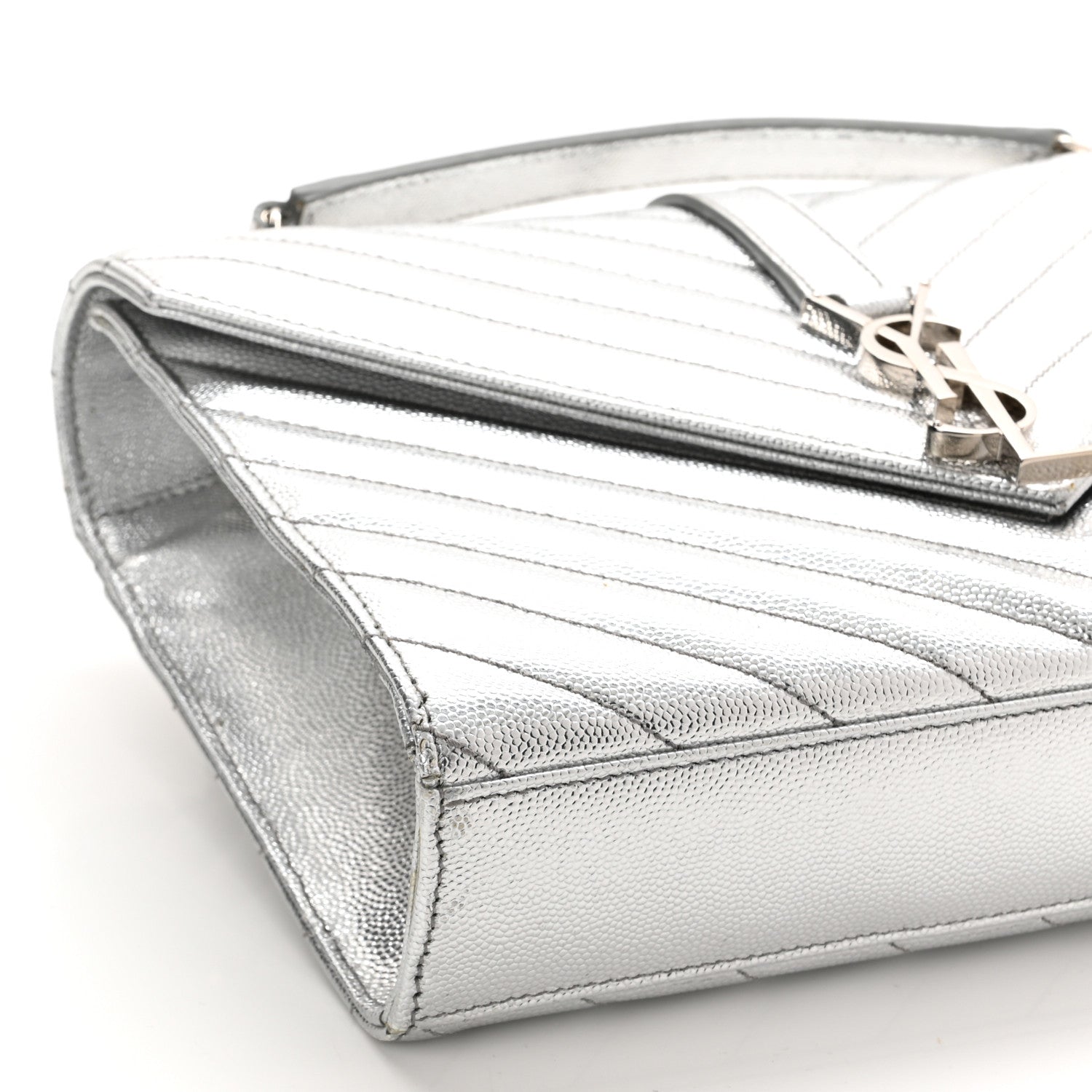 Saint Laurent Metallic Grain De Poudre Matelasse Chevron Medium Monogram Satchel Silver 9 of 11