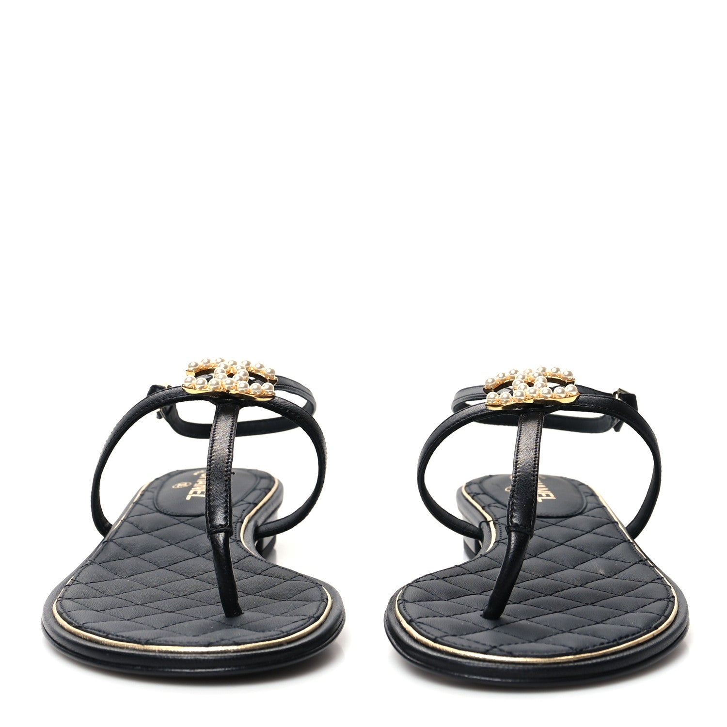 Chanel Lambskin Pearl CC Thong Sandals 36 Black Gold 2 of 7
