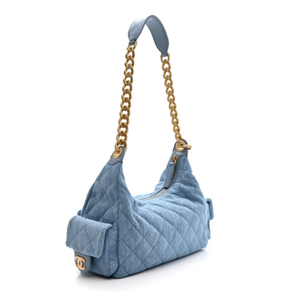 Chanel Washed Denim Quilted Large Trendy Pockets Hobo Blue 3 of 10
