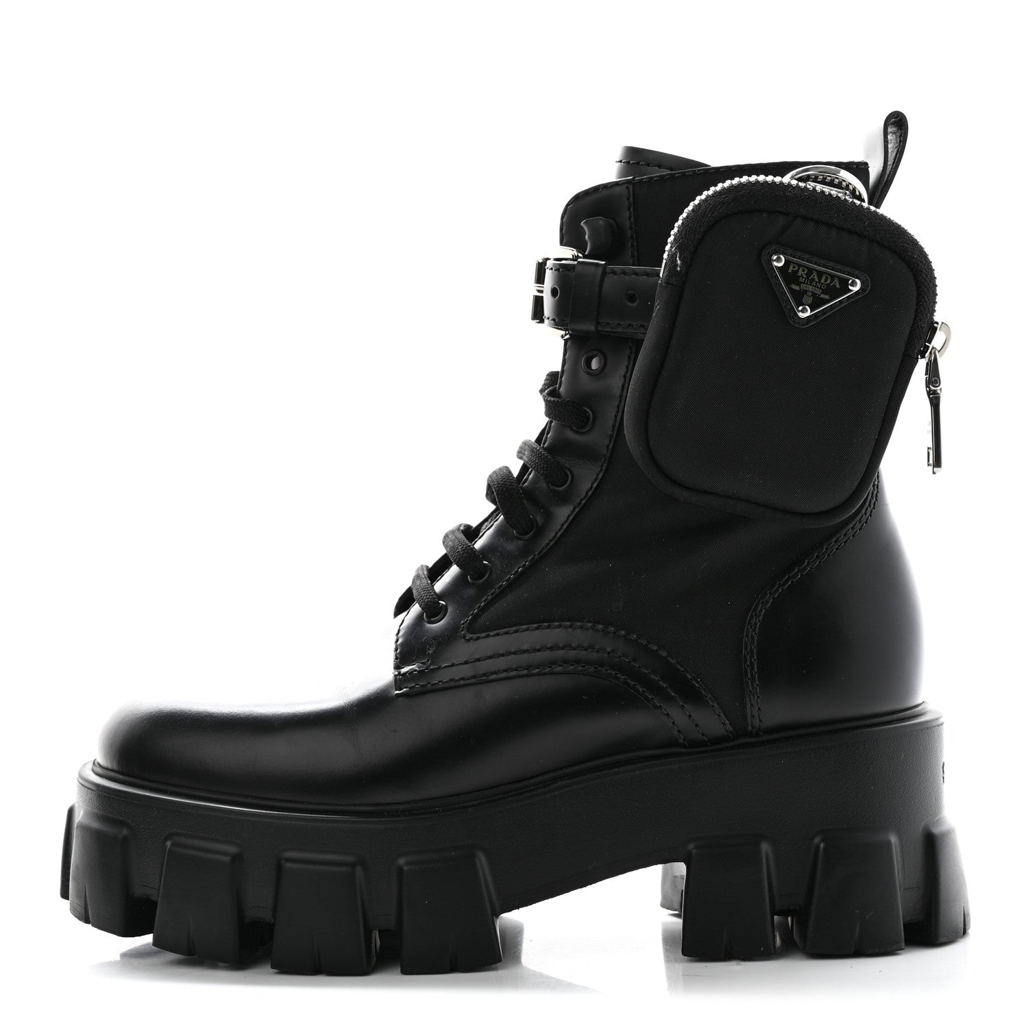 Prada Spazzolato Rois Re-Nylon Metal Triangle Logo Monolith Pouch Pocket 55mm Boots 36 Black 1 of 15