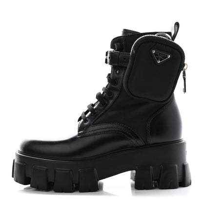 Prada Spazzolato Rois Re-Nylon Metal Triangle Logo Monolith Pouch Pocket 55mm Boots 36 Black 1 of 15