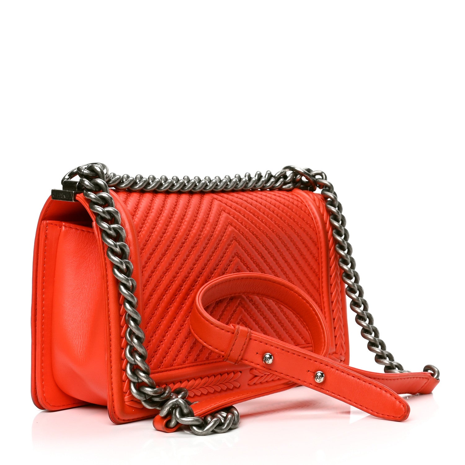 Chanel Calfskin Chevron Quilted Medium Braided Boy Flap Orange 2 of 8