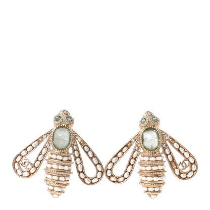 Chanel Metal Crystal Pearl Resin CC Bee Earrings Gold Turquoise 1 of 5