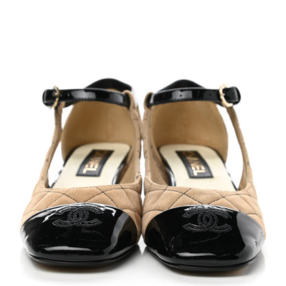 Chanel Suede Kidskin Patent Cap Toe Quilted Mary Jane Flats 38 Beige Black 2 of 8