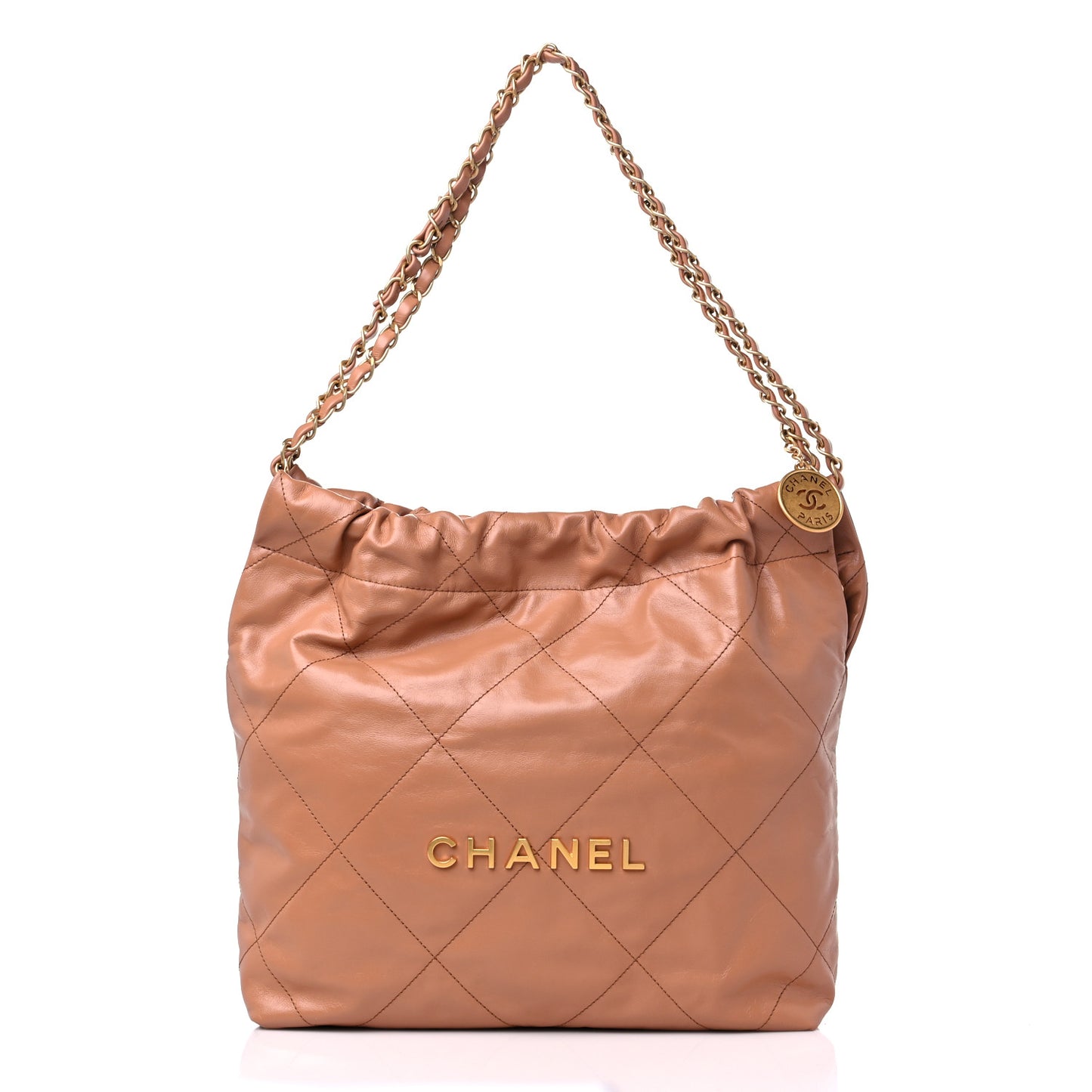 Shiny Calfskin Quilted Small Chanel 22 Camel