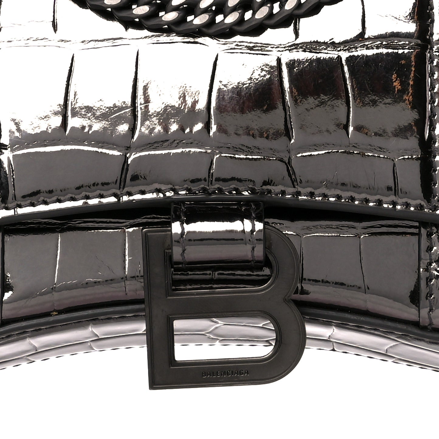 Shiny Calfskin Crocodile Embossed Hourglass Chain Bag Gunmetal