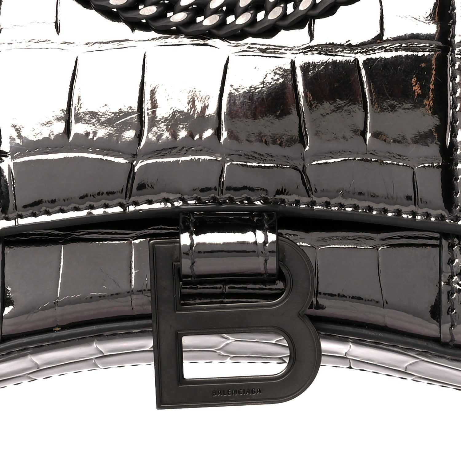Balenciaga Shiny Calfskin Crocodile Embossed Hourglass Chain Bag Gunmetal 7 of 9
