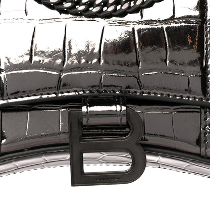 Balenciaga Shiny Calfskin Crocodile Embossed Hourglass Chain Bag Gunmetal 7 of 9