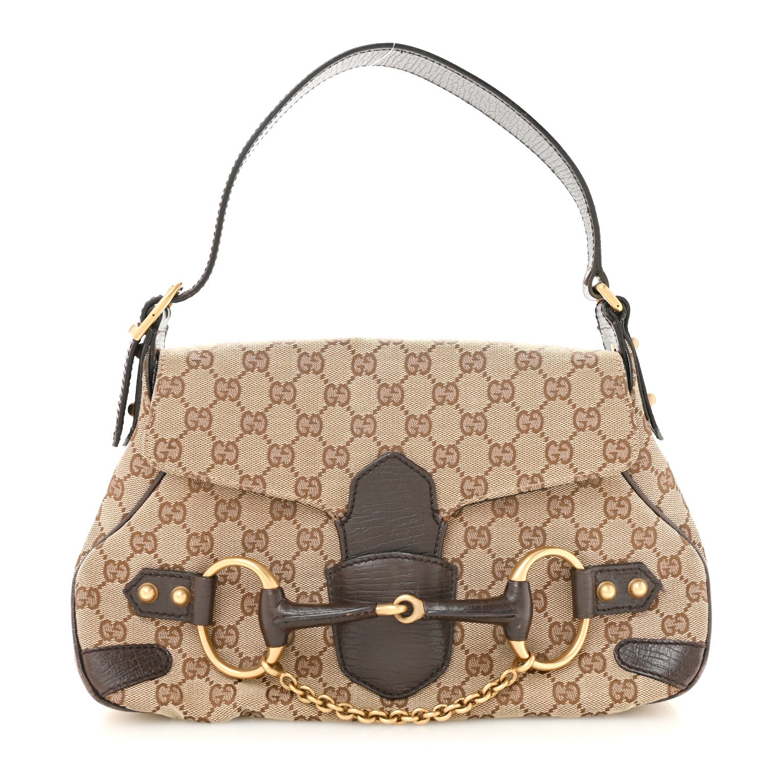 Gucci Monogram Horsebit Chain Flap Shoulder Bag Brown 1 of 14