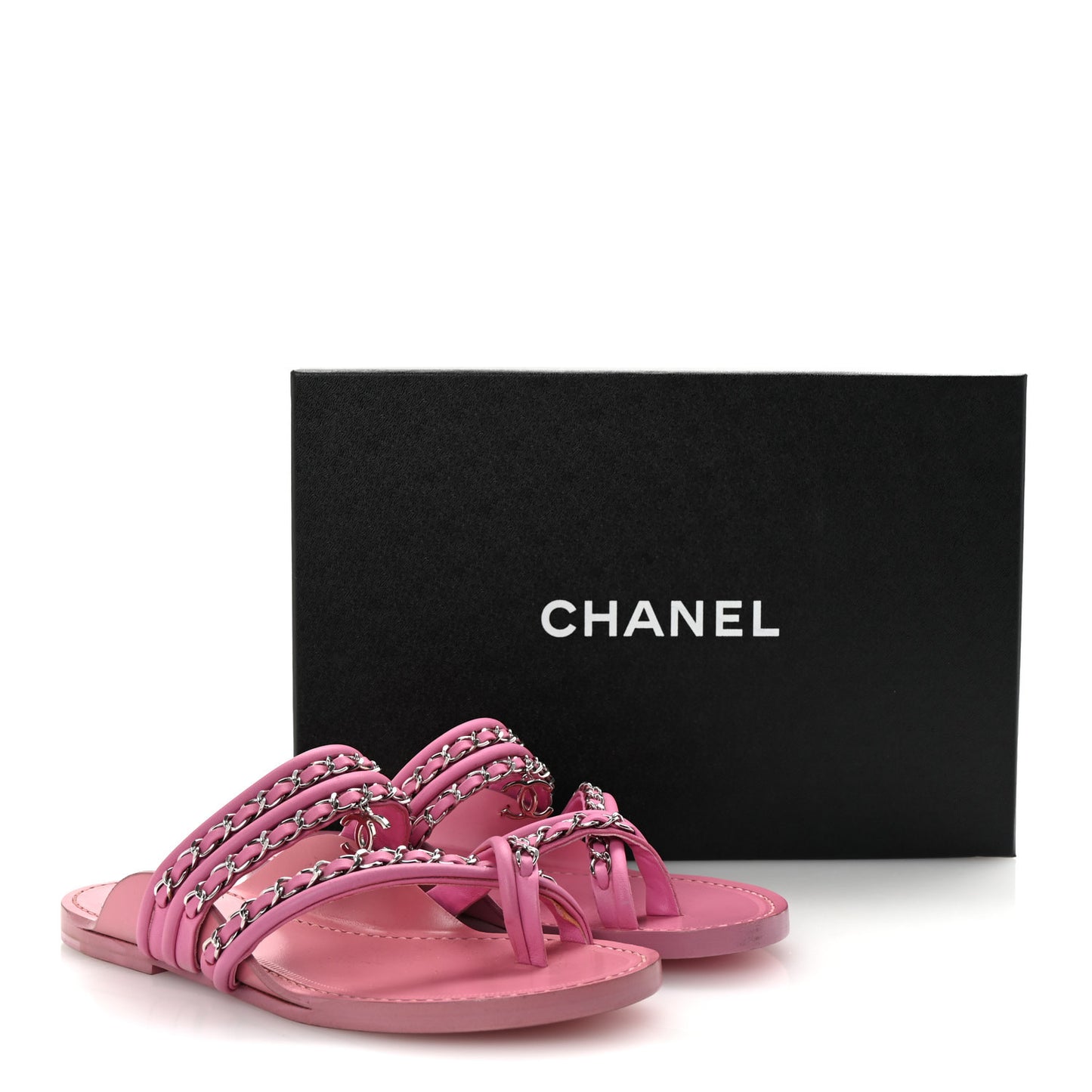 Calfskin Chain CC Thong Flat Sandals 36 Pink