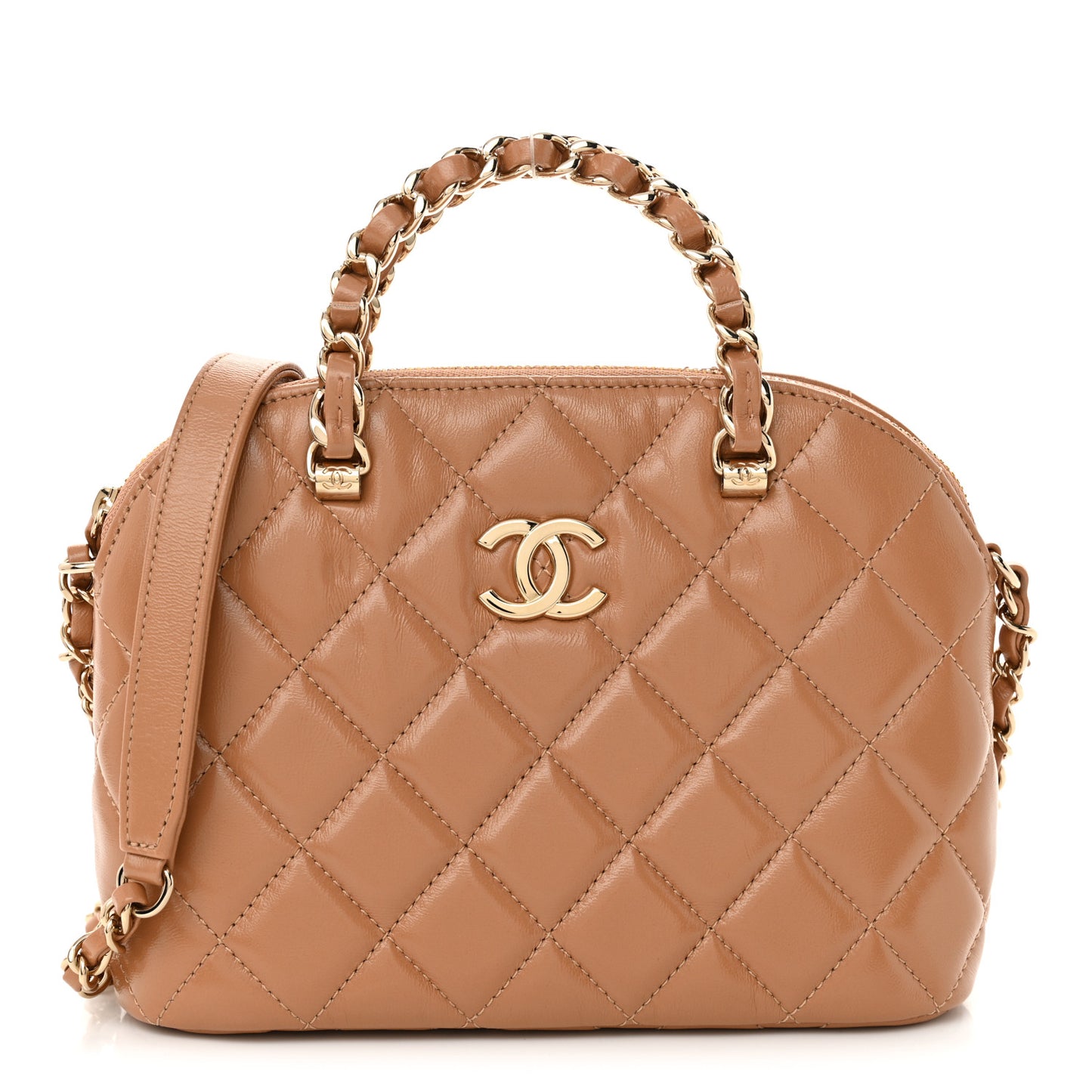 Shiny Lambskin Quilted Shiny Coco Clutch With Chain Dark Beige