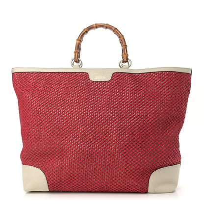 Gucci Straw Calfskin Bamboo Shopper Tote Raspberry 1 of 11