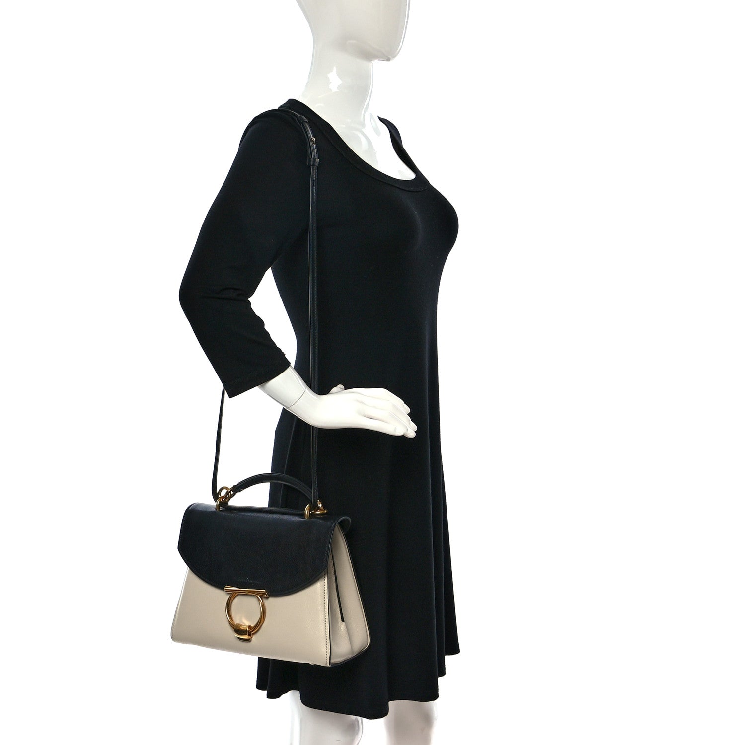 Salvatore Ferragamo Calfskin Small Margot Top Handle Satchel Bone Black 2 of 8