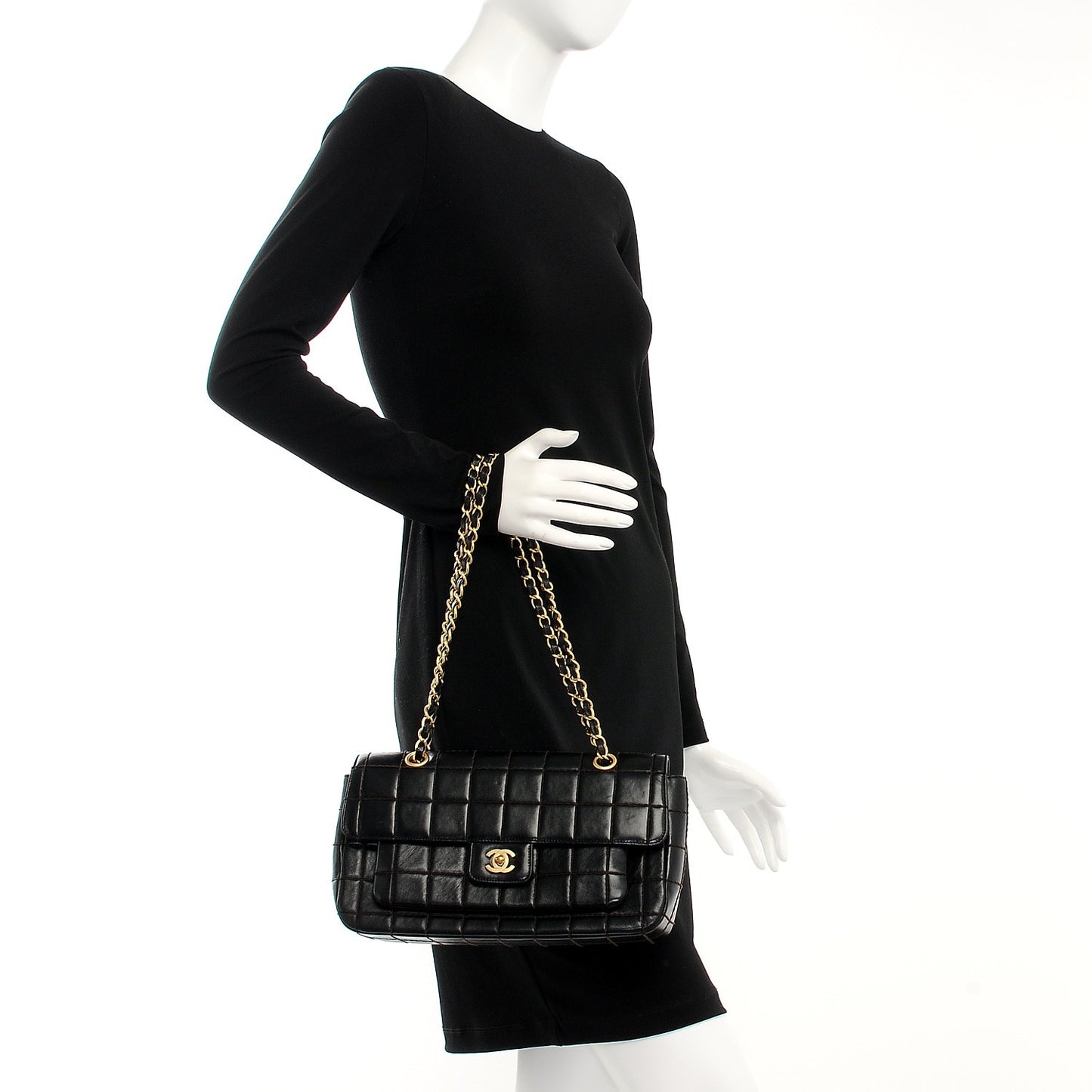 Lambskin Square Double Stitch Flap Black