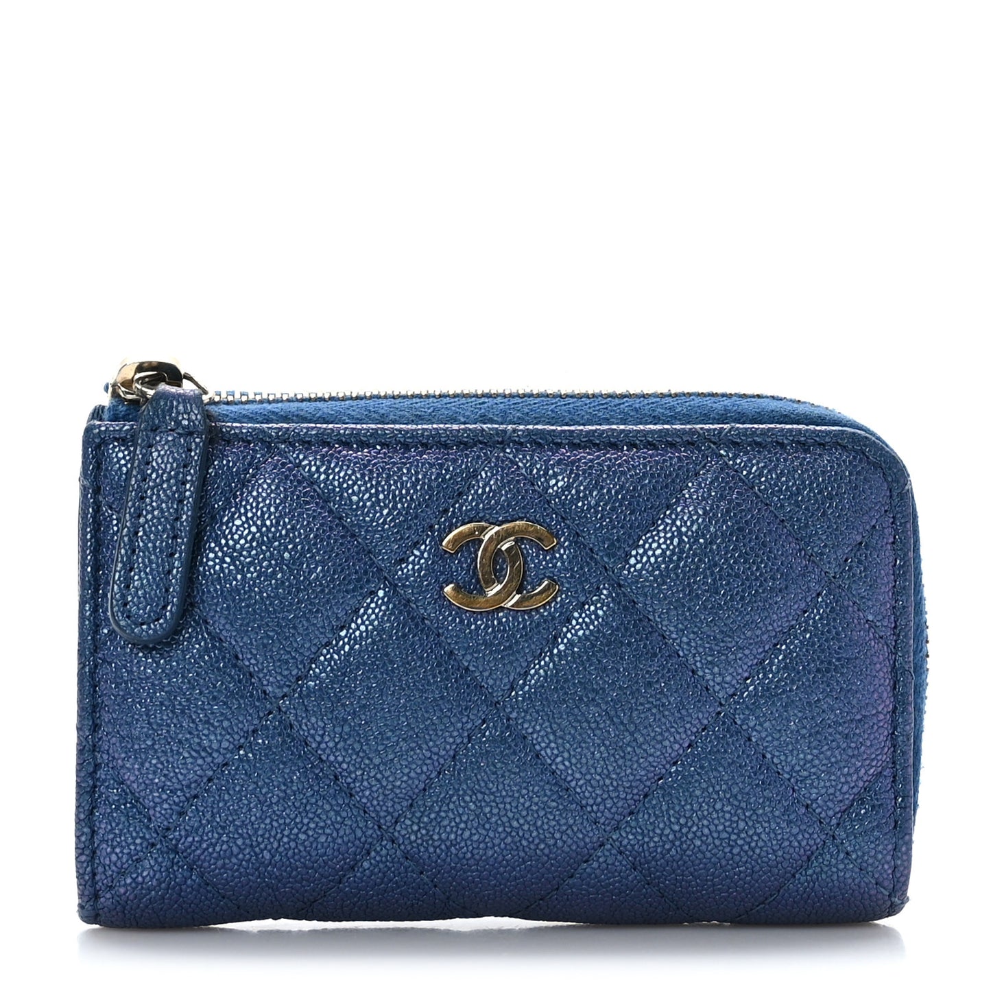 Iridescent Caviar Quilted Zipped Key Holder Case Dark Blue