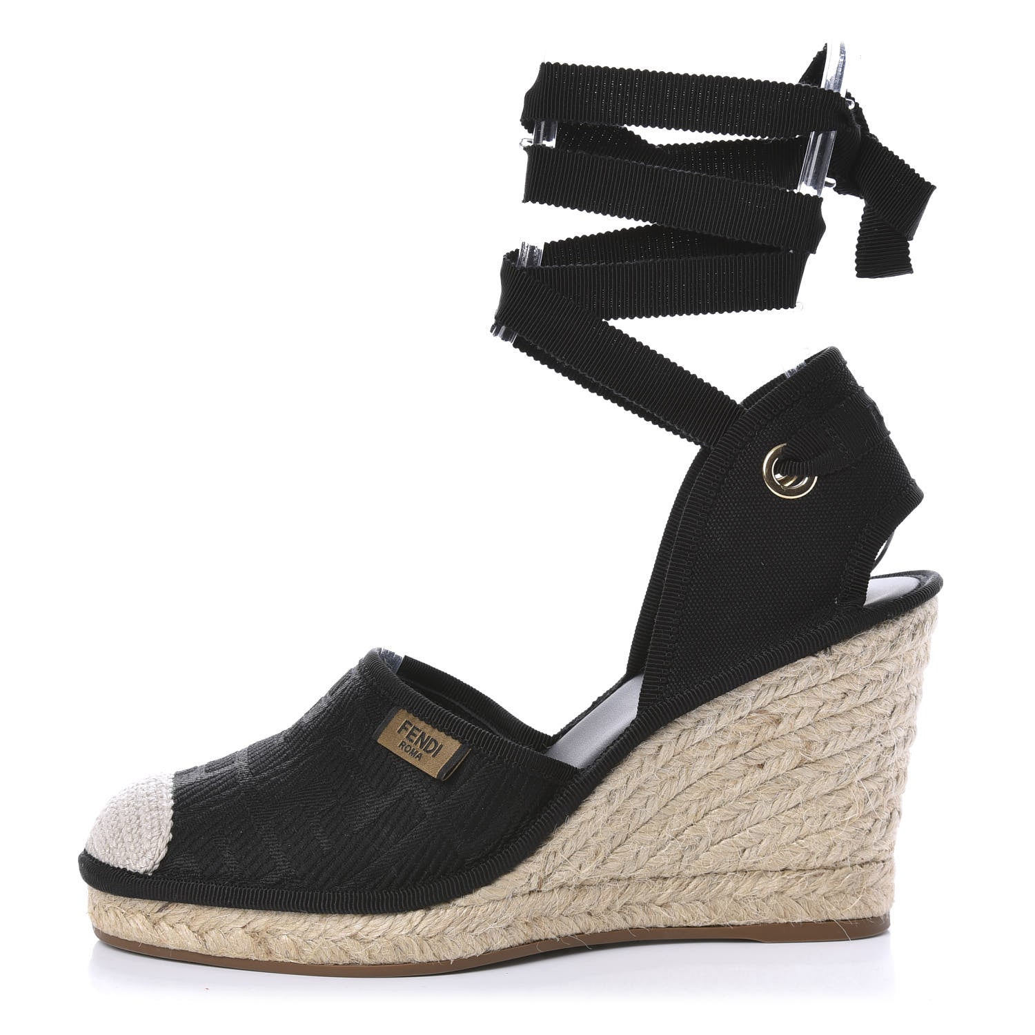 Fendi Canvas FF Embroidered Roma Ankle Wrap Espadrille Wedges 37 Black 1 of 10
