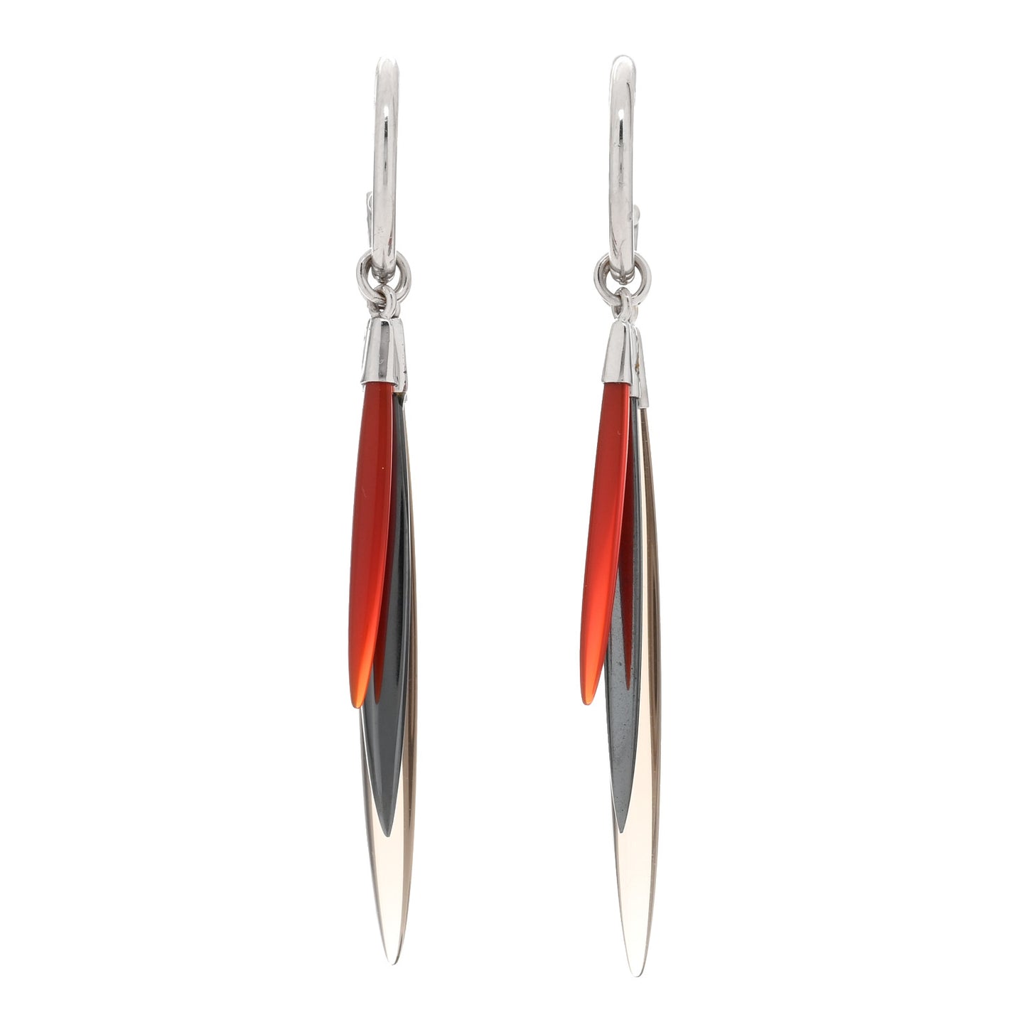 18K White Gold Smoky Quartz Carnelian Hematine Feather Drop Earrings