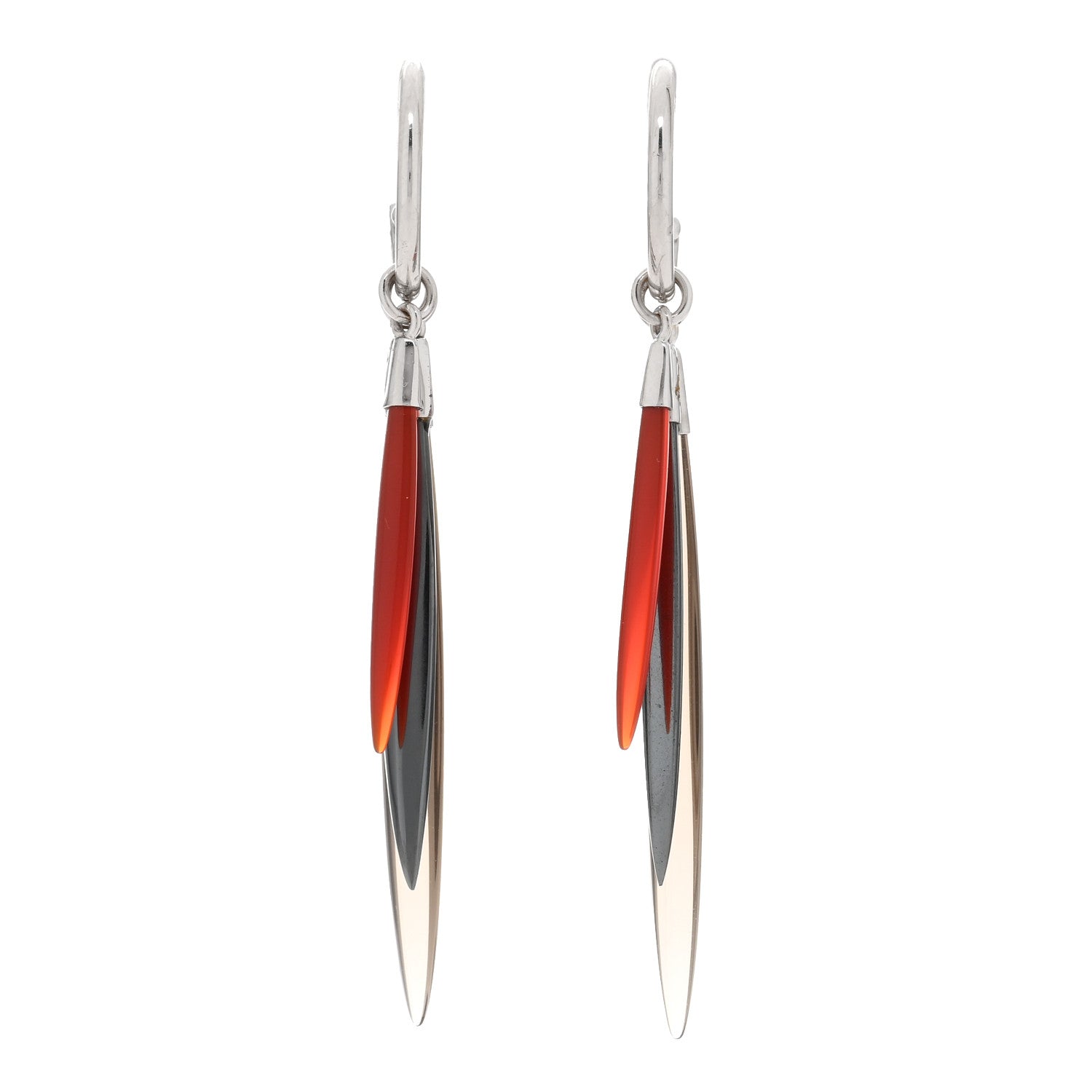Tiffany 18K White Gold Smoky Quartz Carnelian Hematine Feather Drop Earrings 1 of 4