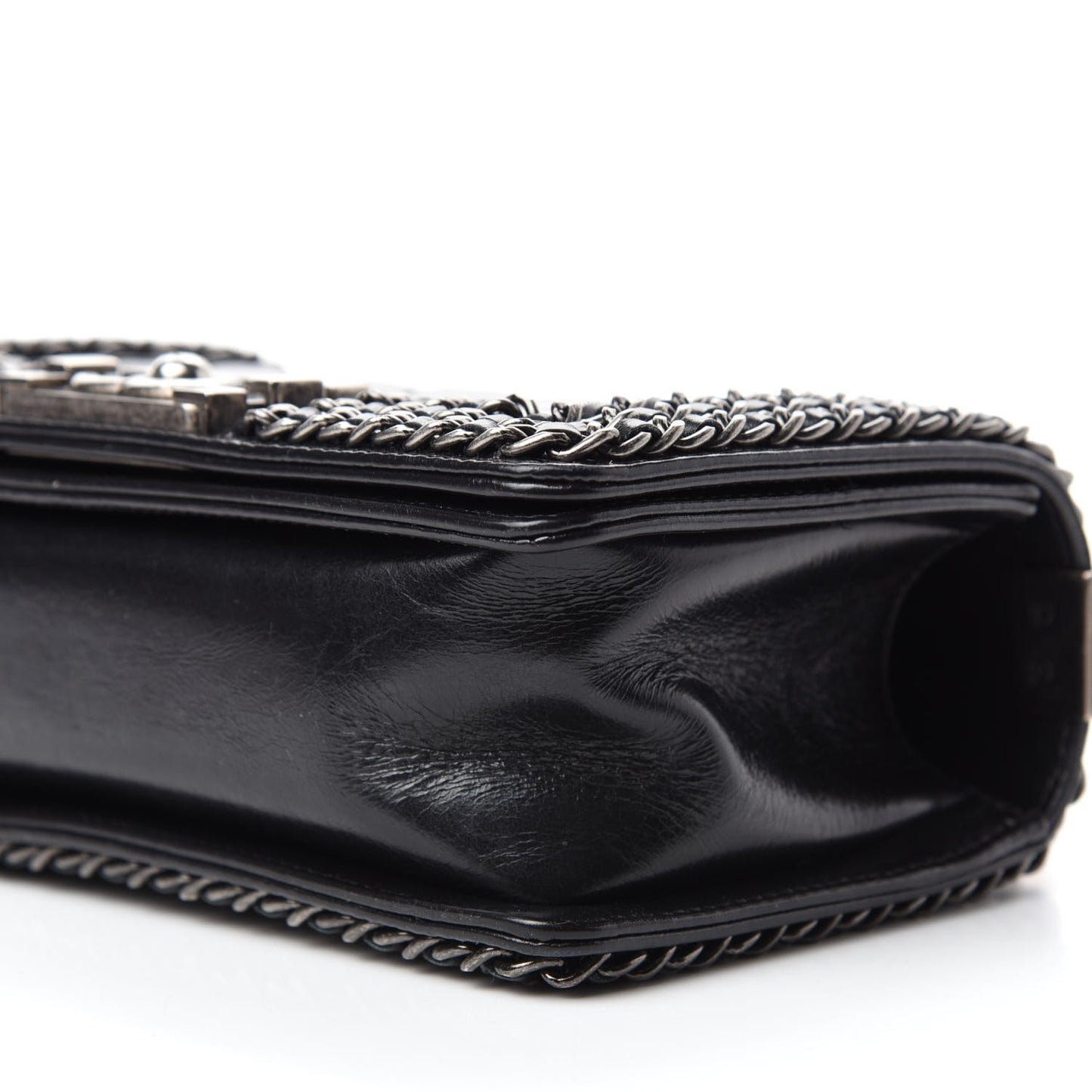 Glazed Calfskin Quilted Small Boy Chained Flap Black