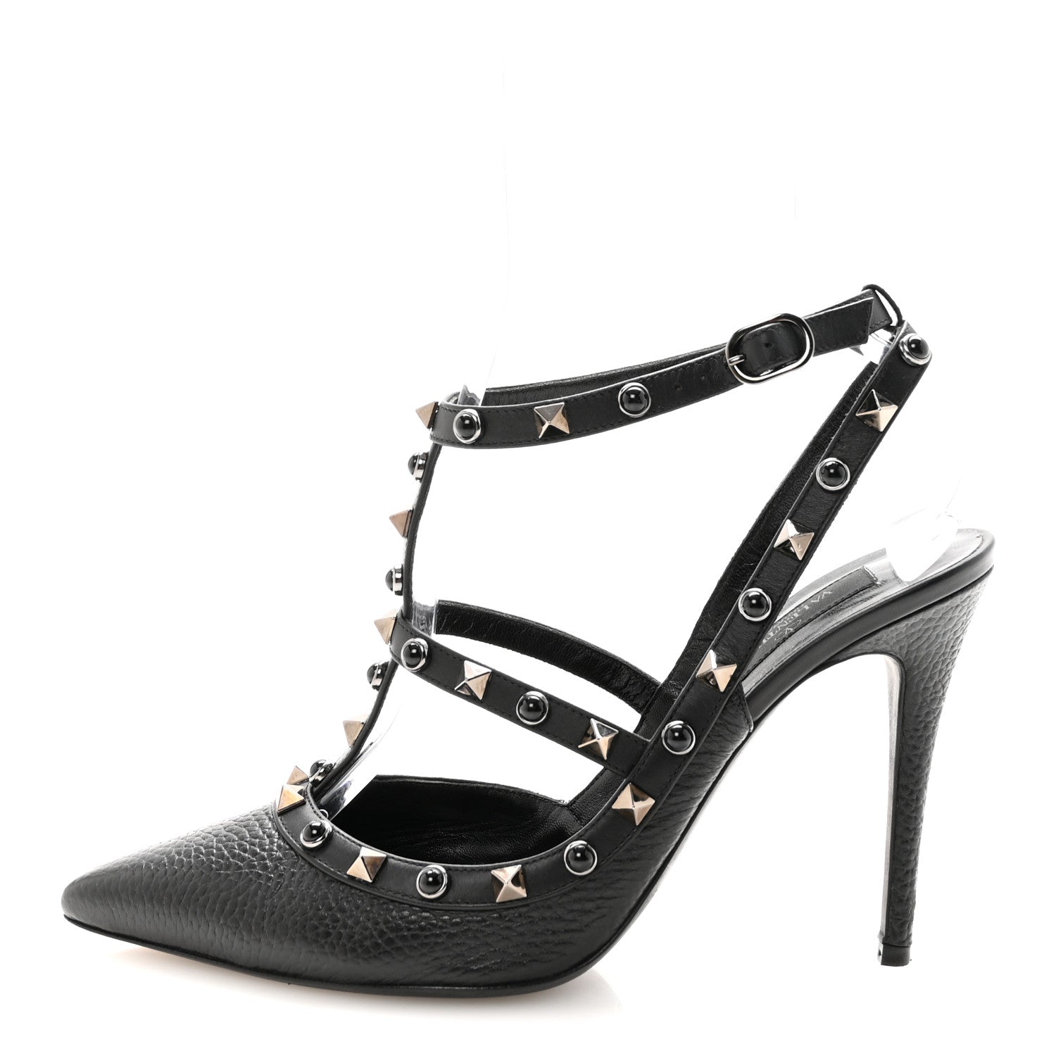 Valentino Garavani Pebbled Calfskin Onyx Rockstud Rolling Ankle Strap 100mm Pumps 39.5 Black 1 of 10